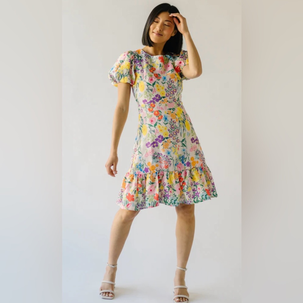 Lena Floral Puff Sleeve Ruffle Hem Mini Dress Multi-Color